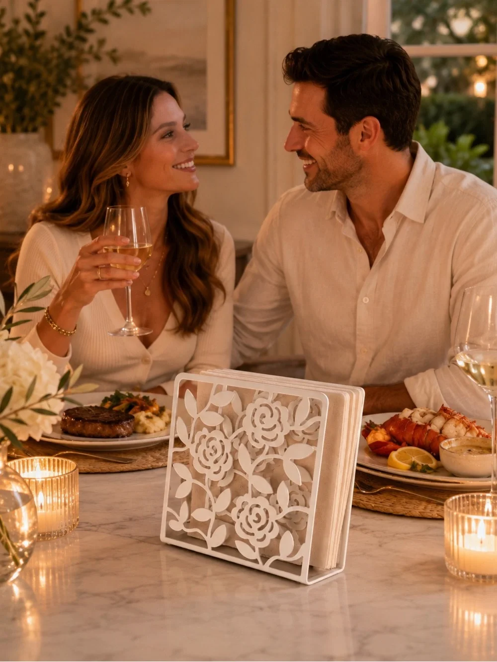 Floral Metal White Napkin Holder